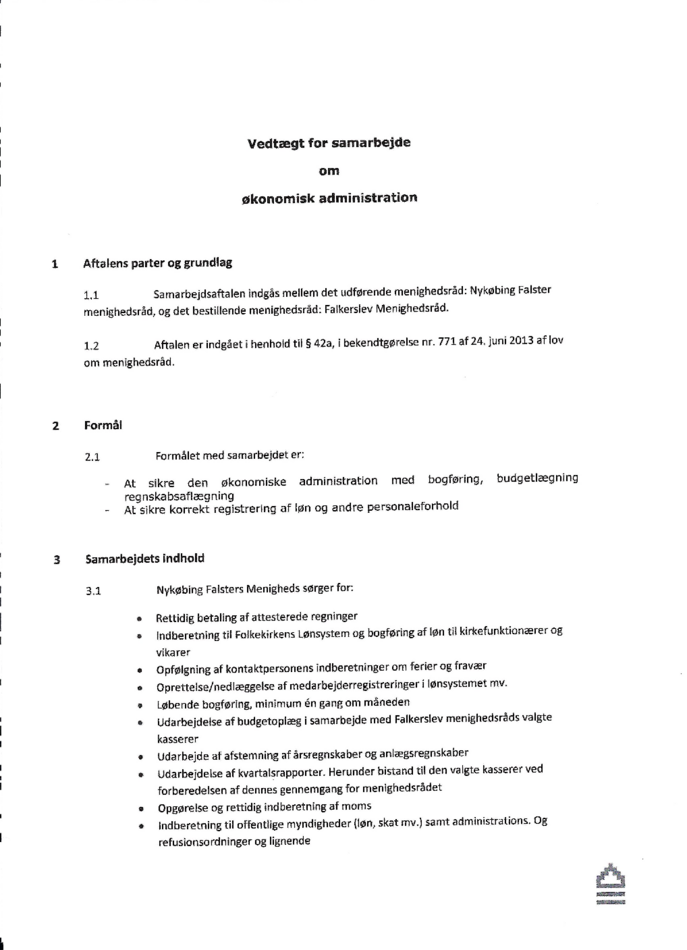 Vedtægt for samarbejde om økonomisk administration mellem Nykøbing F. menighedsråd og Falkerslev menighedsråd