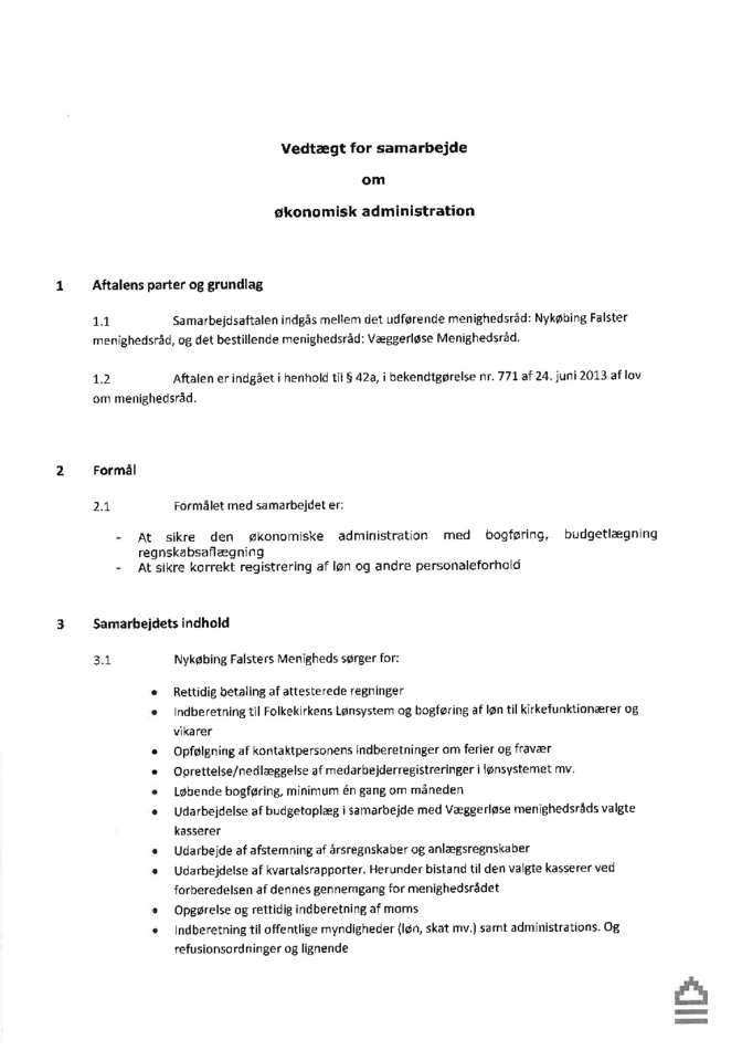 Vedtægt for samarbejde om økonomisk administration mellem Nykøbing F. menighedsråd og Væggerløse menighedsråd pr. 1. april 2025
