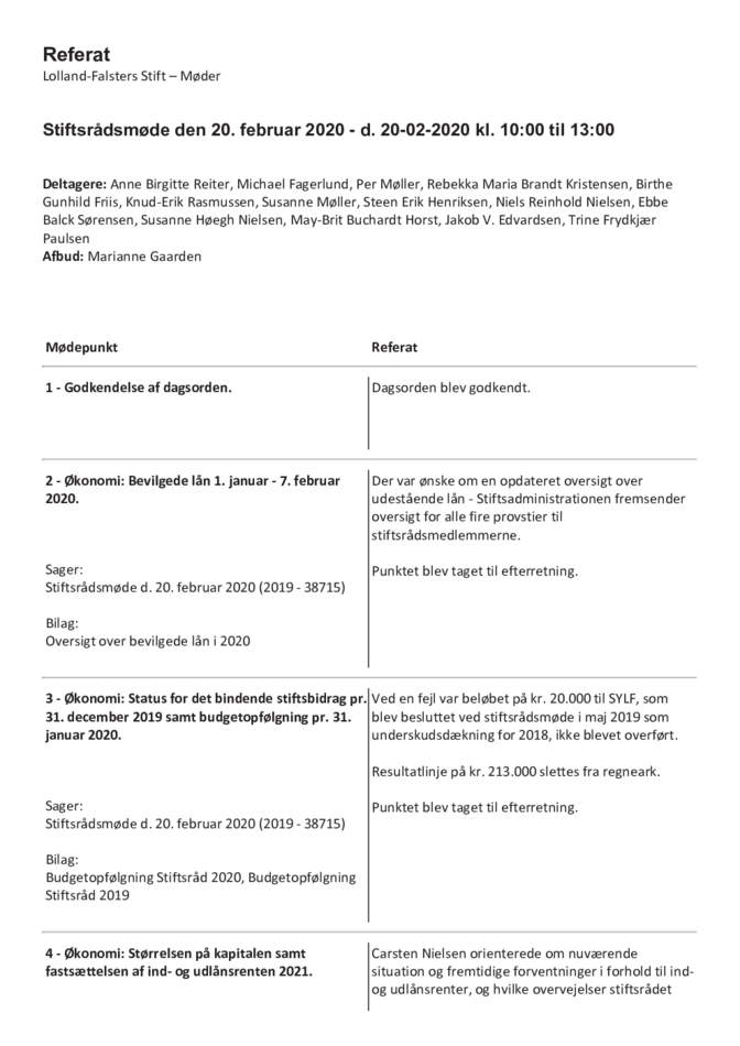 Stiftsrådsmøde den 20. februar 2020 - Referat