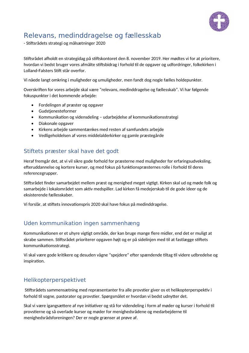 Stiftsrådets strategi og målsætninger 2020