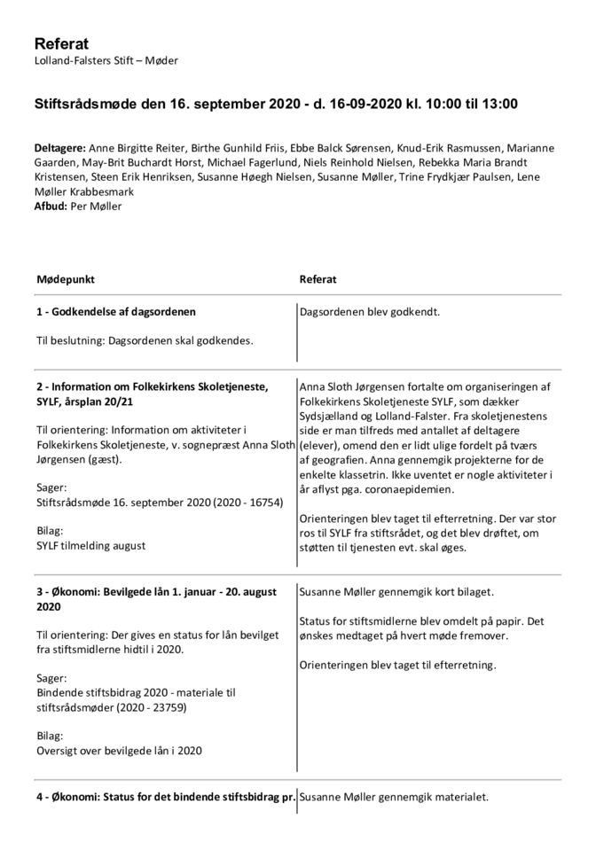 Stiftsrådsmøde den 16. september 2020 - referat