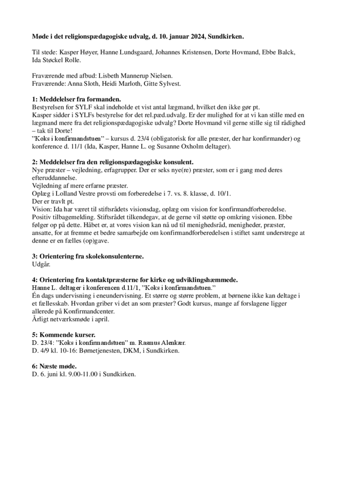 Religionspædagogisk Udvalg referat fra 10. januar 2024