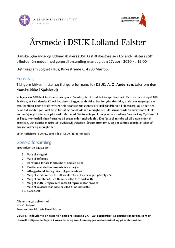 Årsmøde i DSUK Lolland-Falster 2020