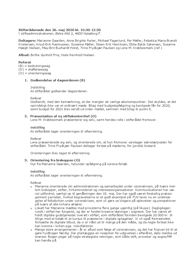 Referat af stiftsrådsmøde dn 26. maj 2020