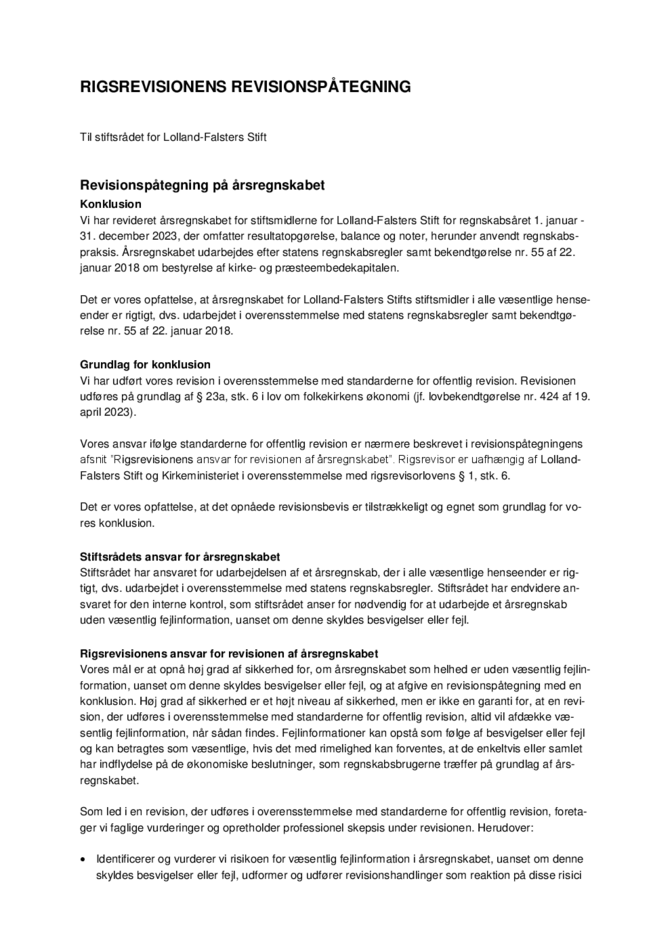 RIGSREVISIONENS REVISIONSPÅTEGNING af stiftsmidler 2023