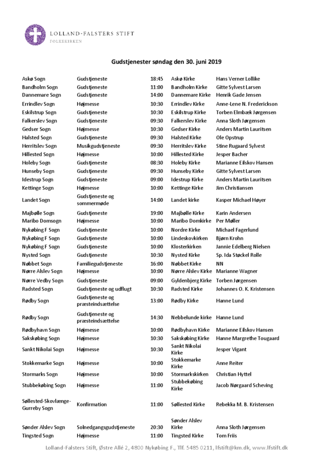 Gudstjenestelist 30-06-19