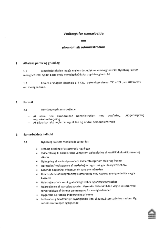 Vedtægt for samarbejde om økonomisk administration mellem Nykøbing F. menighedsråd og Aastrup menighedsråd