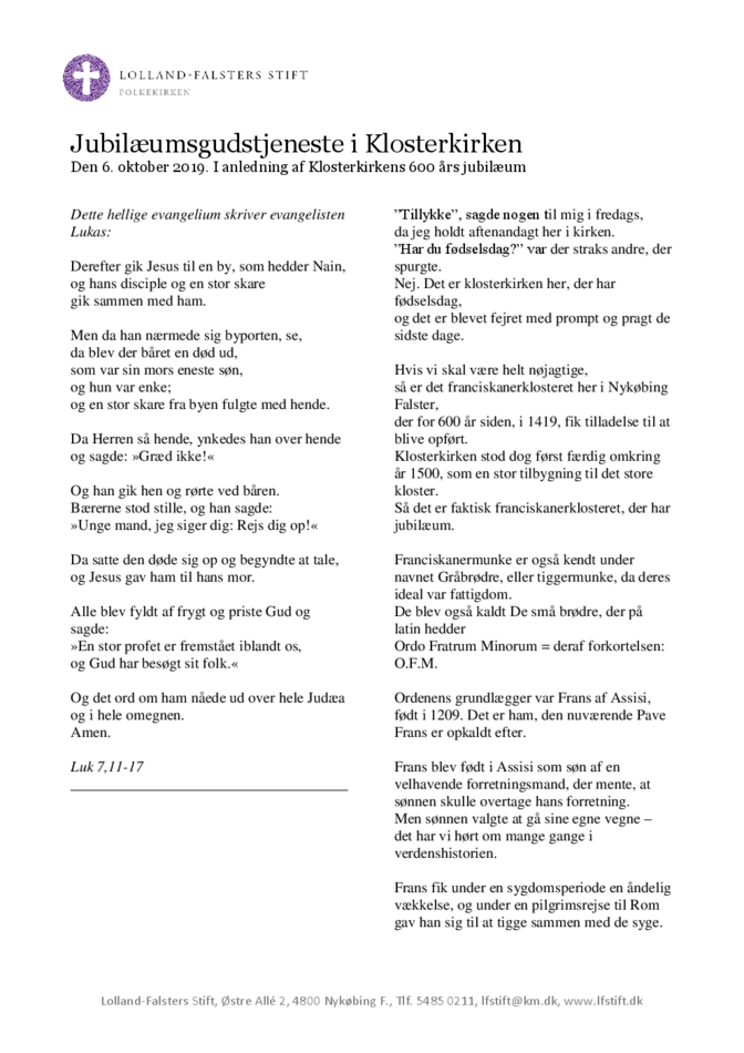 Prædiken ved Klosterkirkens 600 års jubilæum
