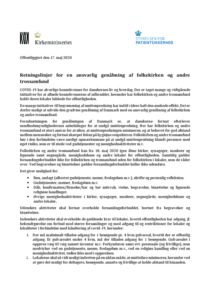 Retningslinjer for en ansvarlig genåbning af folkekirken og andre trossamfund
