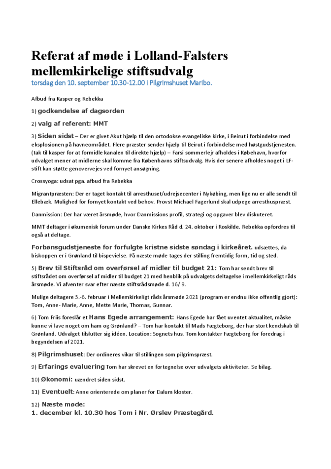 Referat fra møde i det mellemkirkelige stiftsudvalg 10 september 2020