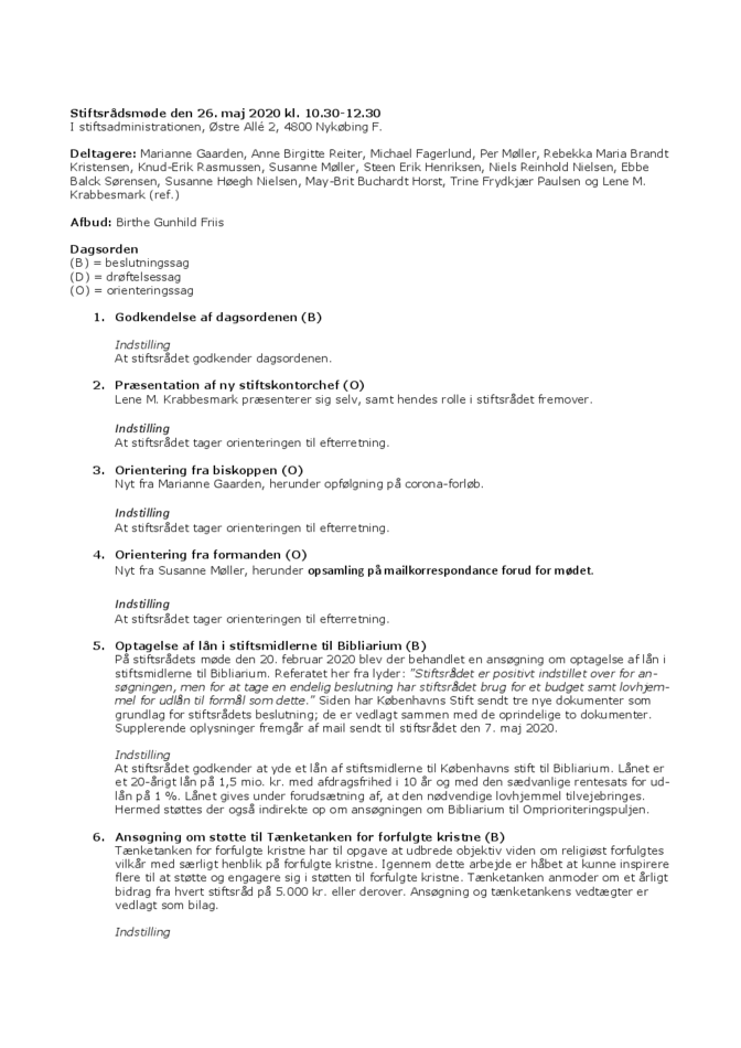 Dagsorden til stiftsrådsmøde 260520