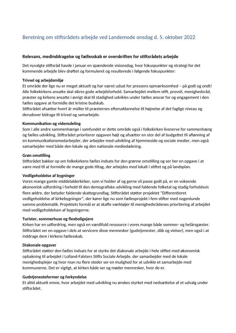 Stiftsrådsformand Susanne Møllers orientering om stiftsrådets arbejde 2022.docx