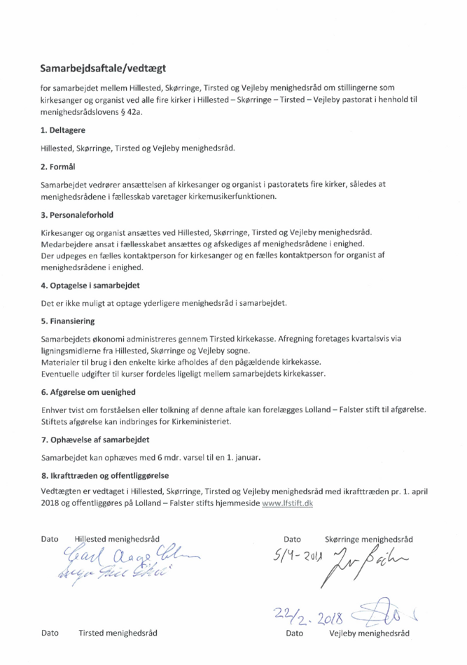 Samarbejdsaftale mellem Hillested, Skørringe, Tirsted og Vejleby vedr. kirkesanger og organist.pdf